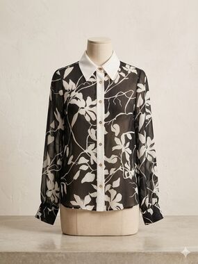 NWT Zara Black & White Floral Contrast-Collar Sheer Button-Down Shirt